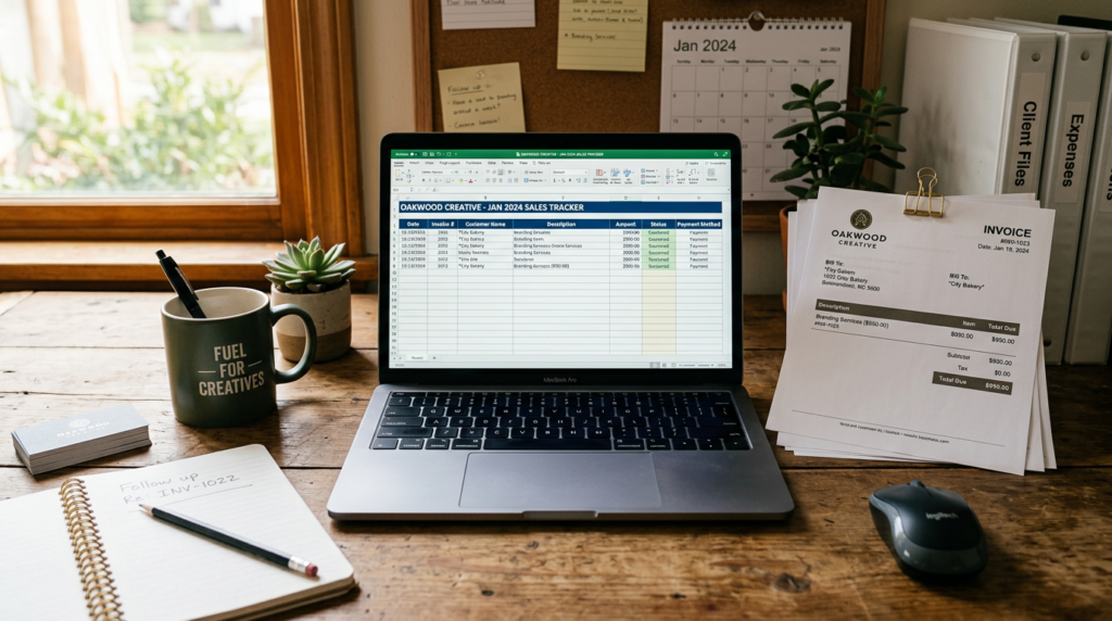 Laptop showing sales tracker spreadsheet alongside invoice, notebook, mug, and plant on desk