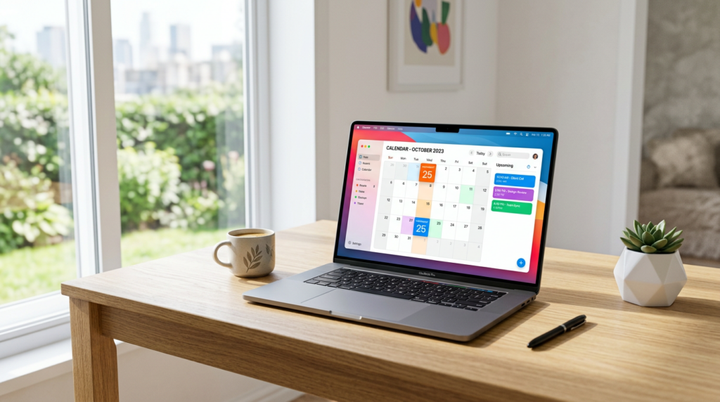 Laptop showing October 2023 calendar with events on a wooden desk
