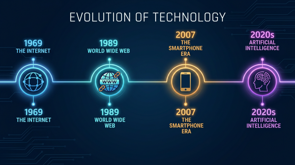 Timeline showing technology evolution from 1969 internet beginnings to 2020s artificial intelligence