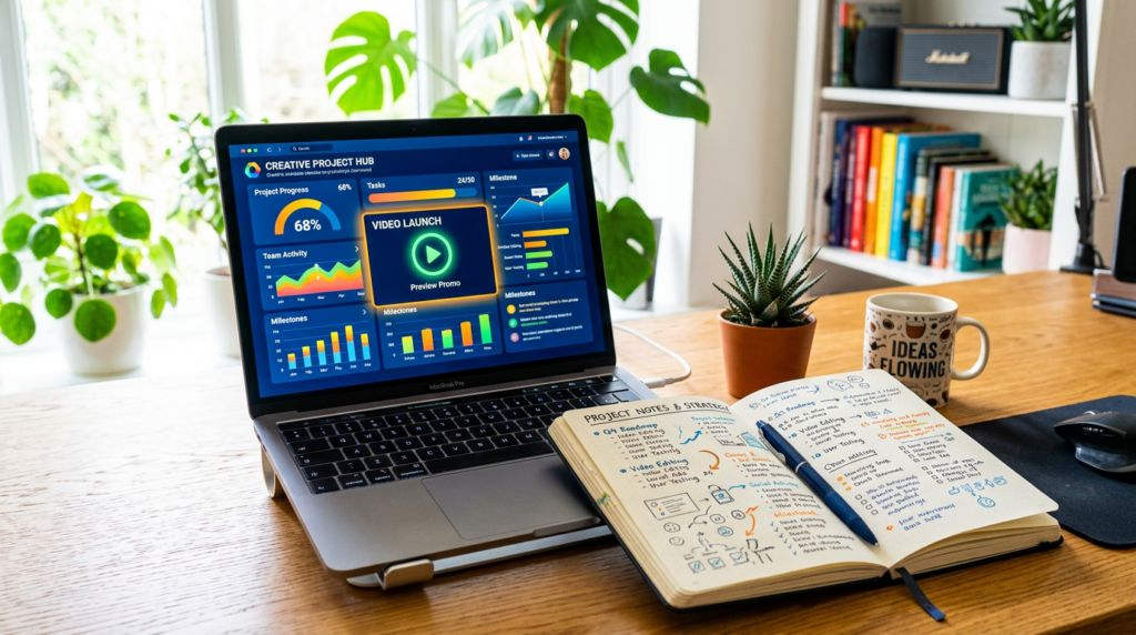 Laptop showing creative project hub dashboard alongside open notebook with project notes and pen