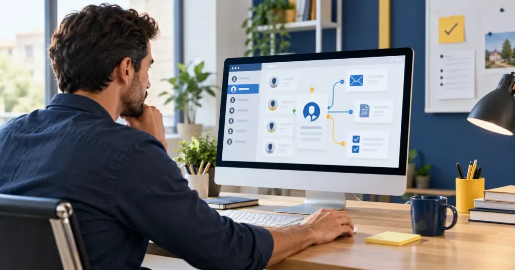 Profesional utilizando un sistema de gestión de contactos conectado con correos, documentos y seguimientos